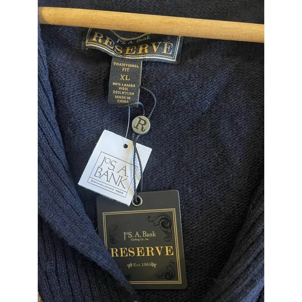 Jos A Bank Wool Navy Blue Fair Isle Grandpa Cardigan Sweater Pockets XL NWT